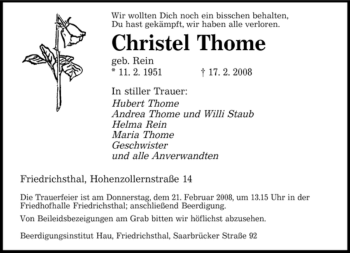 Traueranzeige von Christel Thome von SAARBRÜCKER ZEITUNG