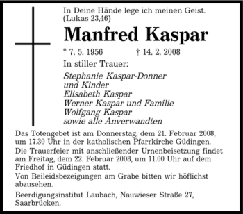 Traueranzeige von Manfred Kaspar von SAARBRÜCKER ZEITUNG