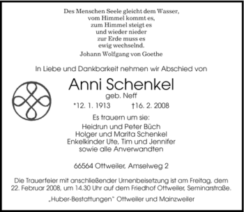 Traueranzeige von Anni Schenkel von SAARBRÜCKER ZEITUNG