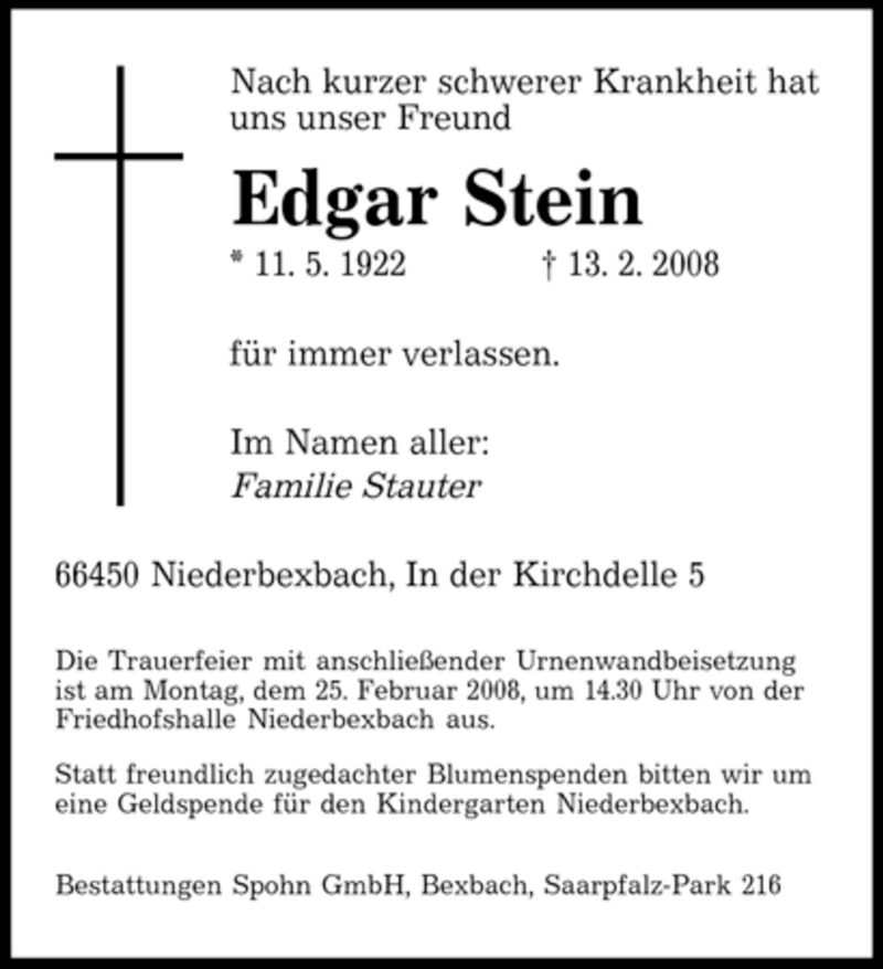  Traueranzeige für Edgar Stein vom 21.02.2008 aus SAARBRÜCKER ZEITUNG