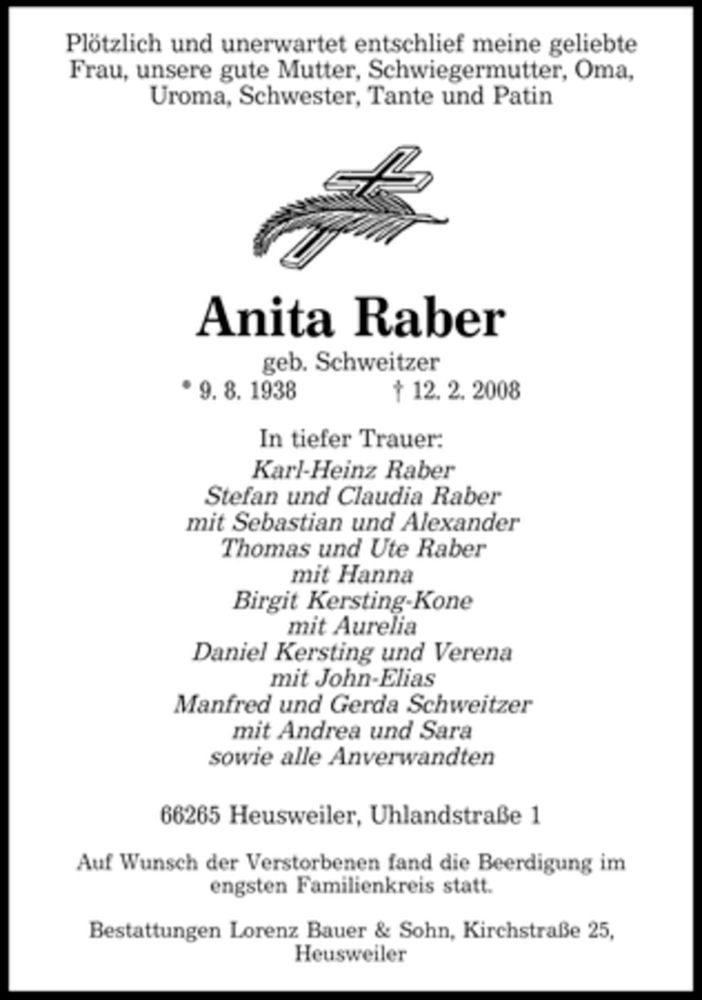  Traueranzeige für Anita Raber vom 23.02.2008 aus SAARBRÜCKER ZEITUNG