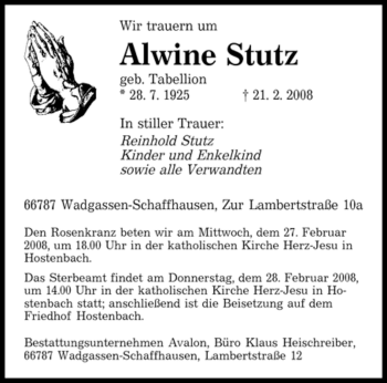 Traueranzeige von Alwine Stutz von SAARBRÜCKER ZEITUNG