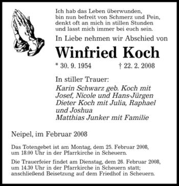 Traueranzeige von Winfried Koch von SAARBRÜCKER ZEITUNG