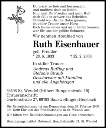 Traueranzeige von Ruth Eisenhauer von SAARBRÜCKER ZEITUNG
