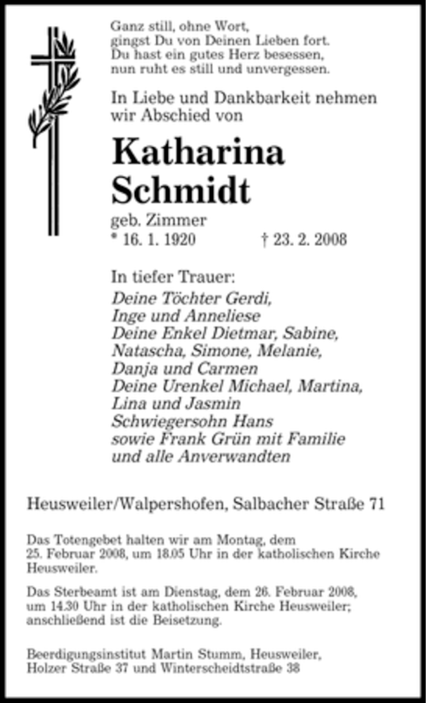  Traueranzeige für Katharina Schmidt vom 25.02.2008 aus SAARBRÜCKER ZEITUNG