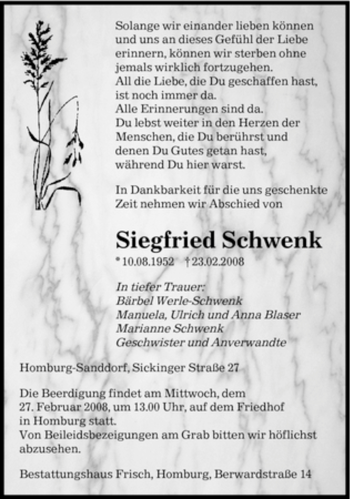 Traueranzeige von Siegfried Schwenk von SAARBRÜCKER ZEITUNG