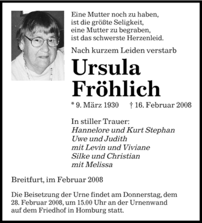  Traueranzeige für Ursula Fröhlich vom 26.02.2008 aus SAARBRÜCKER ZEITUNG