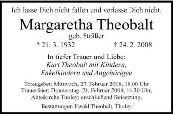 Traueranzeige von Margaretha Theobalt von SAARBRÜCKER ZEITUNG