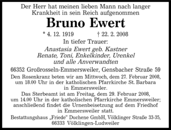 Traueranzeige von Bruno Ewert von SAARBRÜCKER ZEITUNG