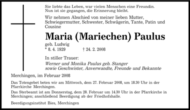  Traueranzeige für Maria Paulus vom 26.02.2008 aus SAARBRÜCKER ZEITUNG