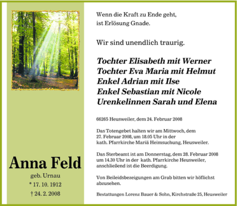  Traueranzeige für Anna Feld vom 26.02.2008 aus SAARBRÜCKER ZEITUNG
