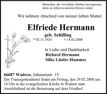 Traueranzeige von Elfriede Hermann von SAARBRÜCKER ZEITUNG