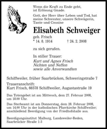Traueranzeige von Elisabeth Schweiger von SAARBRÜCKER ZEITUNG