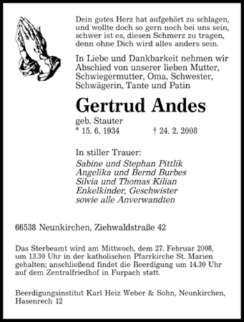 Traueranzeige von Gertrud Andes von SAARBRÜCKER ZEITUNG