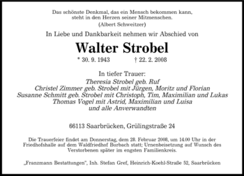 Traueranzeige von Walter Strobel von SAARBRÜCKER ZEITUNG