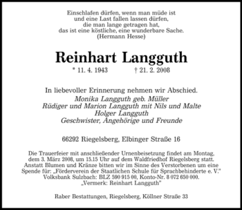 Traueranzeige von Reinhart Langguth von SAARBRÜCKER ZEITUNG