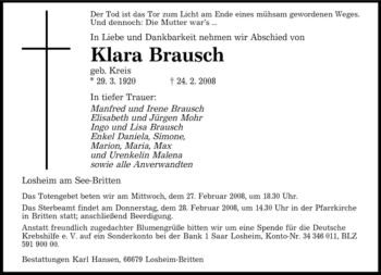Traueranzeige von Klara Brausch von SAARBRÜCKER ZEITUNG