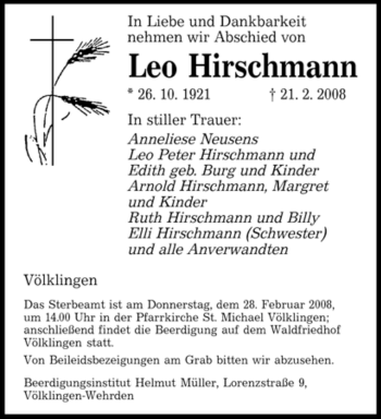 Traueranzeige von Leo Hirschmann von SAARBRÜCKER ZEITUNG