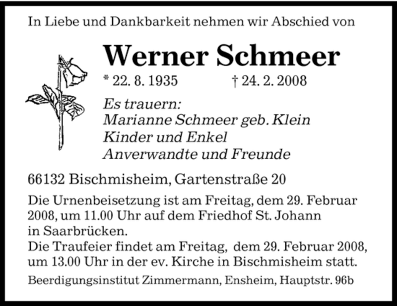  Traueranzeige für Werner Schmeer vom 27.02.2008 aus SAARBRÜCKER ZEITUNG
