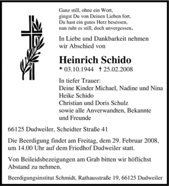 Traueranzeige von Heinrich Schido von SAARBRÜCKER ZEITUNG