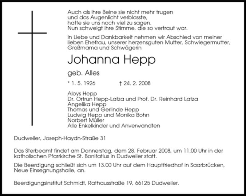 Traueranzeige für Johanna Hepp vom 27.02.2008 aus SAARBRÜCKER ZEITUNG