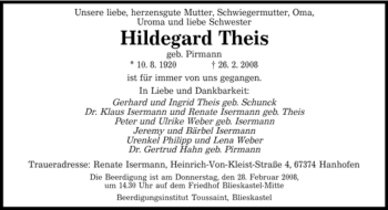 Traueranzeige von Hildegard Theis von SAARBRÜCKER ZEITUNG