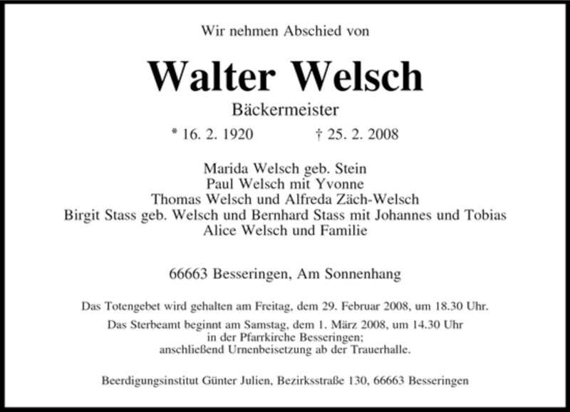  Traueranzeige für Walter Welsch vom 28.02.2008 aus SAARBRÜCKER ZEITUNG
