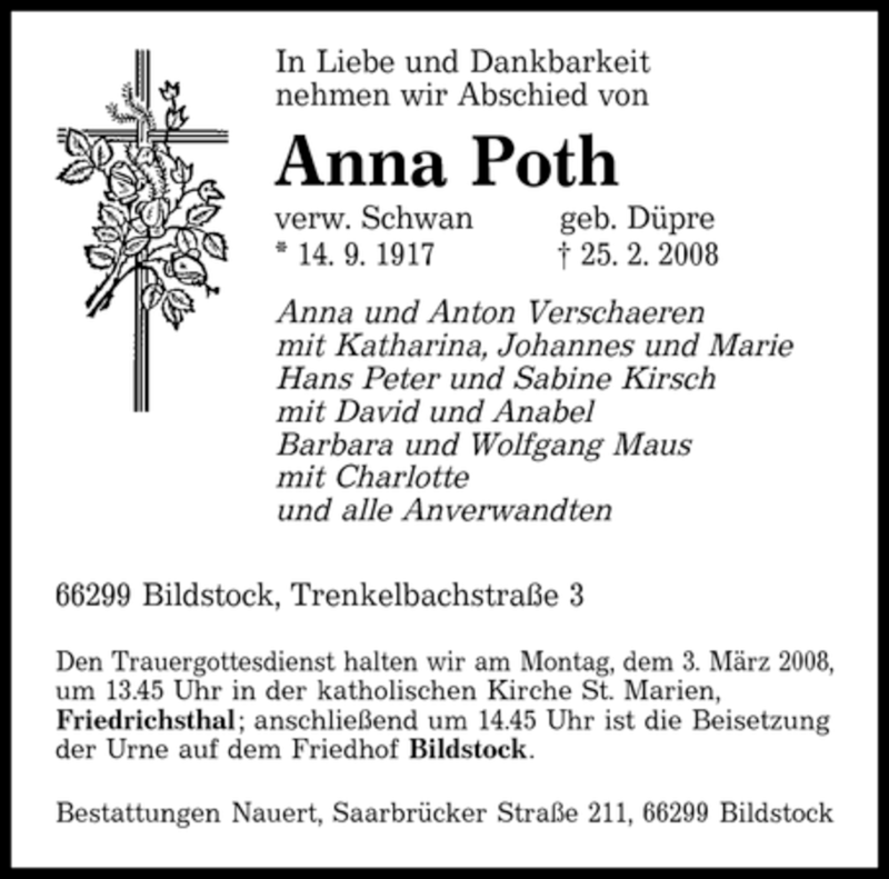  Traueranzeige für Anna Poth vom 28.02.2008 aus SAARBRÜCKER ZEITUNG