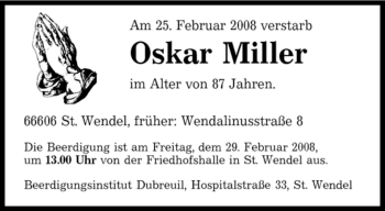 Traueranzeige von Oskar Miller von SAARBRÜCKER ZEITUNG
