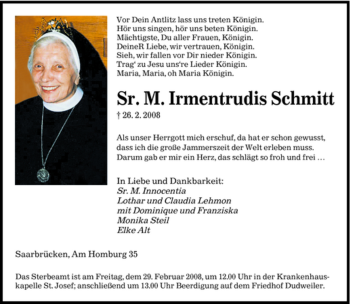 Traueranzeige von Irmentrudis Schmitt von SAARBRÜCKER ZEITUNG