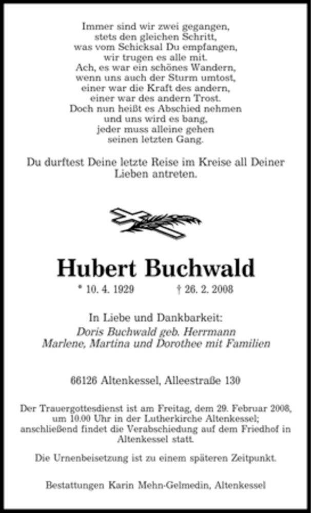  Traueranzeige für Hubert Buchwald vom 28.02.2008 aus SAARBRÜCKER ZEITUNG