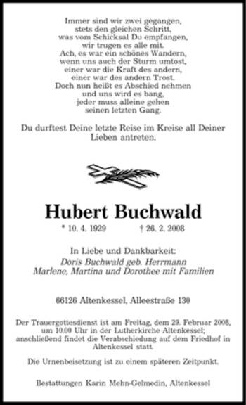 Traueranzeige von Hubert Buchwald von SAARBRÜCKER ZEITUNG