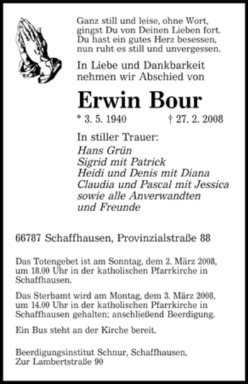 Traueranzeige von Erwin Bour von SAARBRÜCKER ZEITUNG