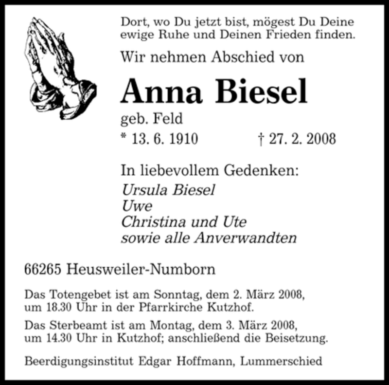 Traueranzeige für Anna Biesel vom 29.02.2008 aus SAARBRÜCKER ZEITUNG