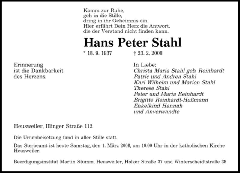  Traueranzeige für Hans Peter Stahl vom 01.03.2008 aus SAARBRÜCKER ZEITUNG