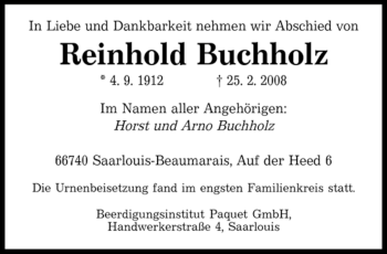 Traueranzeige von Reinhold Buchholz von SAARBRÜCKER ZEITUNG