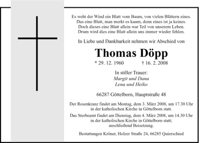  Traueranzeige für Thomas Döpp vom 01.03.2008 aus SAARBRÜCKER ZEITUNG