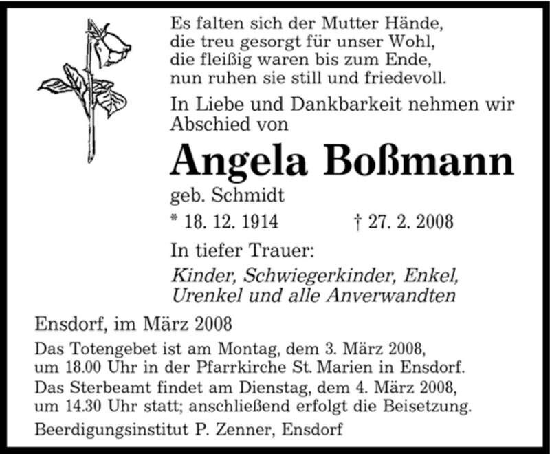  Traueranzeige für Angela Boßmann vom 01.03.2008 aus SAARBRÜCKER ZEITUNG