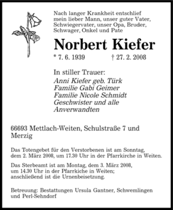 Traueranzeige von Norbert Kiefer von SAARBRÜCKER ZEITUNG