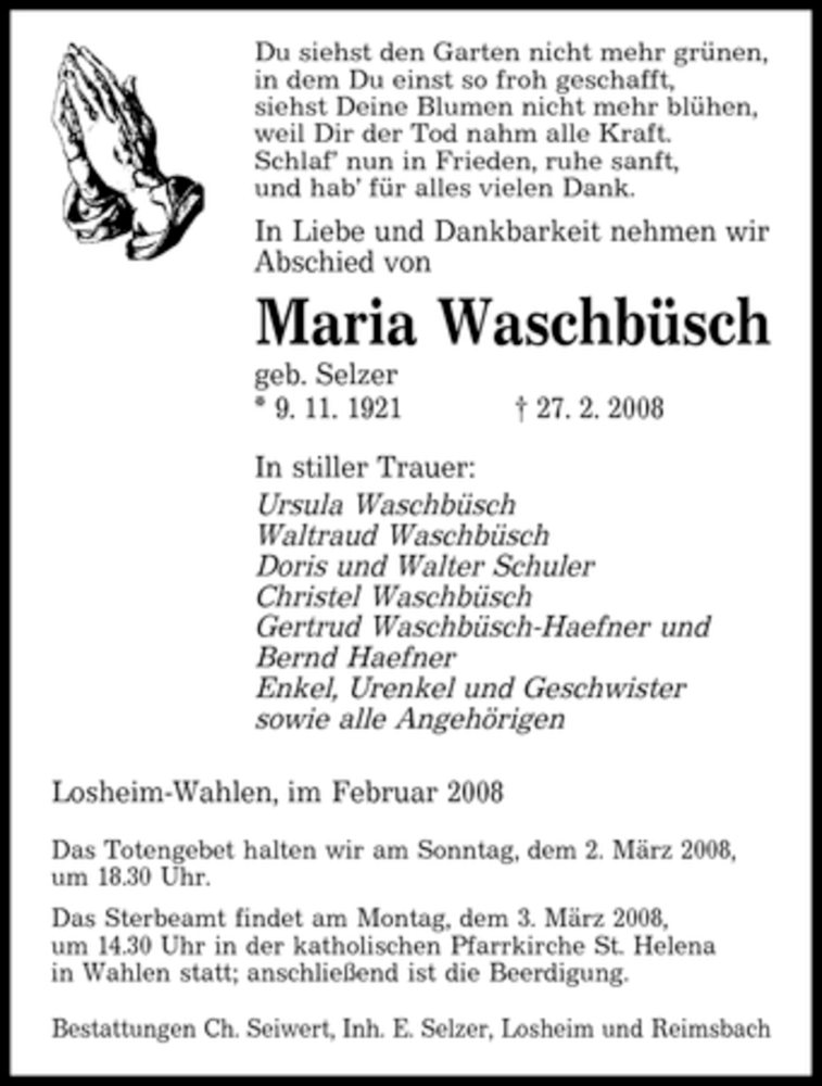  Traueranzeige für Maria Waschbüsch vom 01.03.2008 aus SAARBRÜCKER ZEITUNG