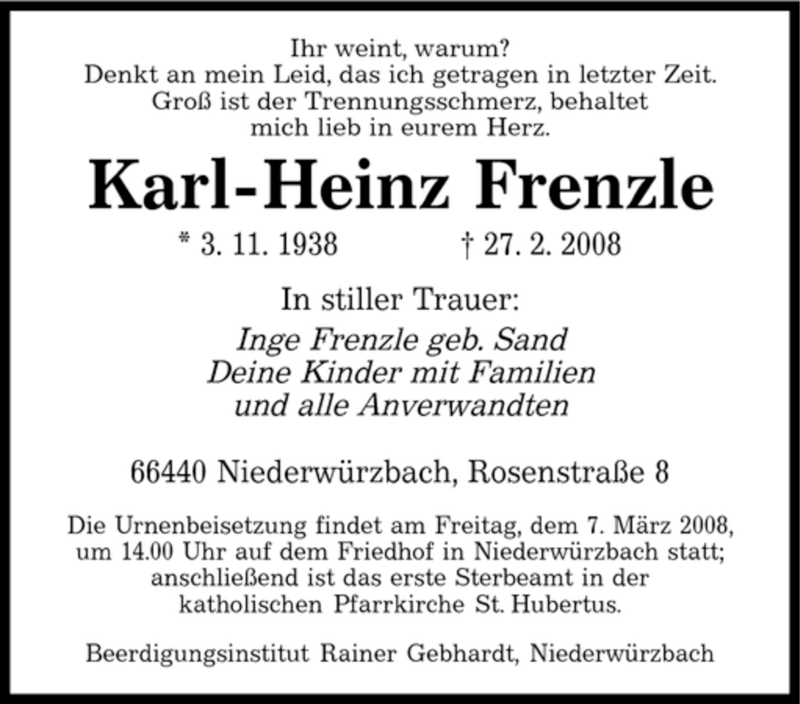  Traueranzeige für Karl-Heinz Frenzle vom 04.03.2008 aus SAARBRÜCKER ZEITUNG