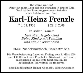 Traueranzeige von Karl-Heinz Frenzle von SAARBRÜCKER ZEITUNG