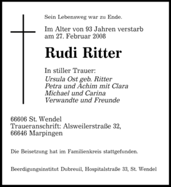 Traueranzeige von Rudi Ritter von SAARBRÜCKER ZEITUNG