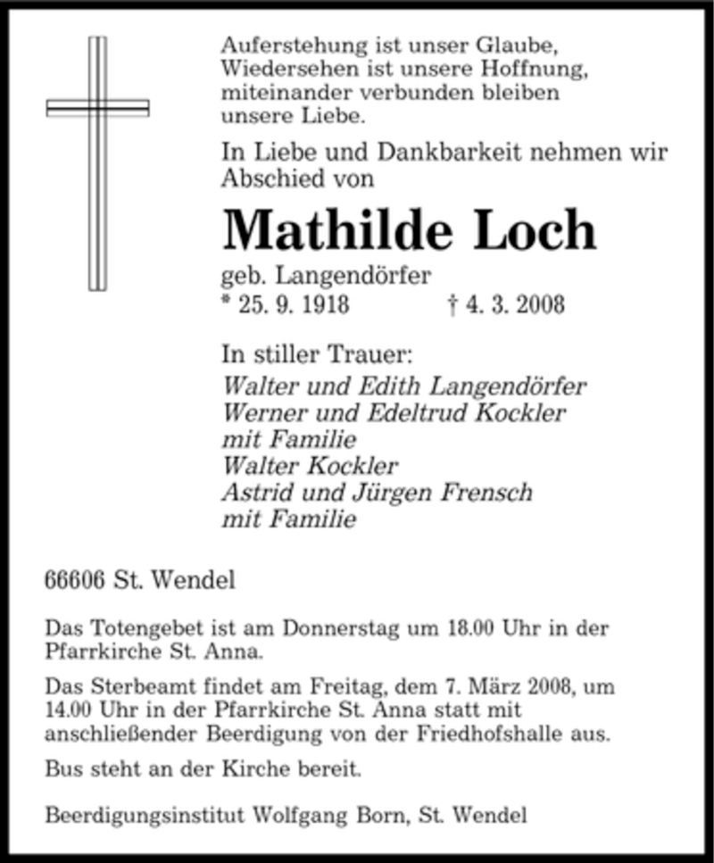  Traueranzeige für Mathilde Loch vom 05.03.2008 aus SAARBRÜCKER ZEITUNG