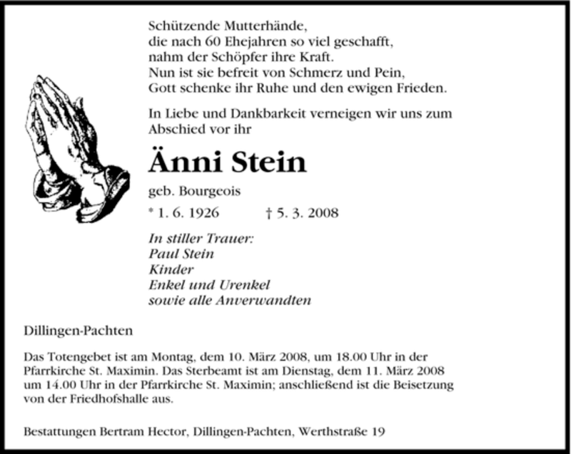 Traueranzeige für Änni Stein vom 07.03.2008 aus SAARBRÜCKER ZEITUNG