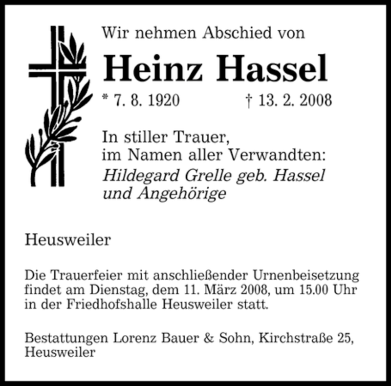  Traueranzeige für Heinz Hassel vom 07.03.2008 aus SAARBRÜCKER ZEITUNG