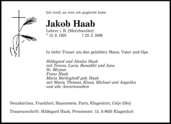 Traueranzeige von Jakob Haab von SAARBRÜCKER ZEITUNG