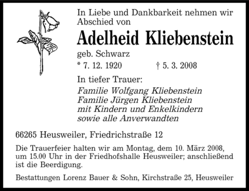  Traueranzeige für Adelheid Kliebenstein vom 08.03.2008 aus SAARBRÜCKER ZEITUNG