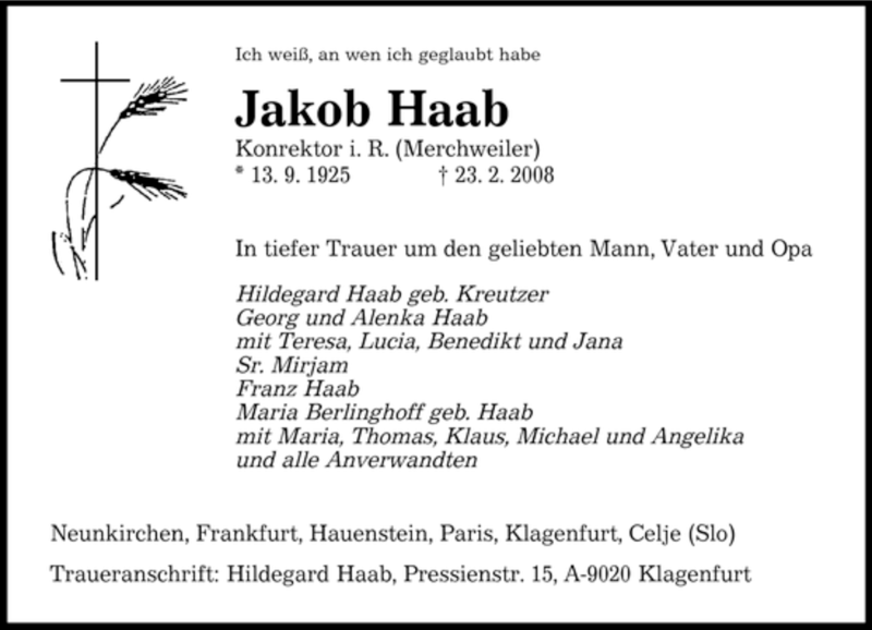  Traueranzeige für Jakob Haab vom 12.03.2008 aus SAARBRÜCKER ZEITUNG