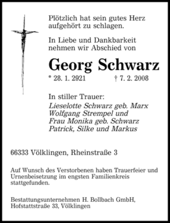 Traueranzeige von Georg Schwarz von SAARBRÜCKER ZEITUNG